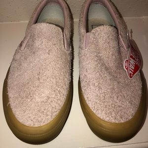 Vans pink fluffy slip on shoes, size 8 in women’s.